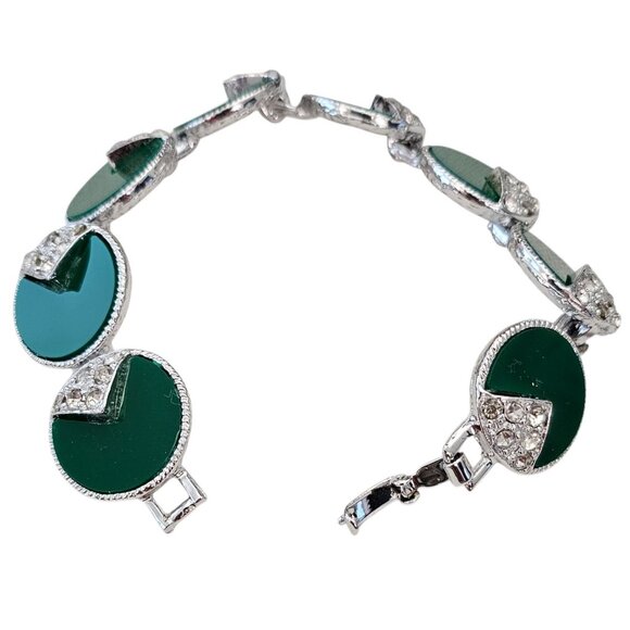 Silver Tone Clear Rhinestones Green Inlay Vintage 1940s-1950s Link Bracelet - Picture 5 of 7
